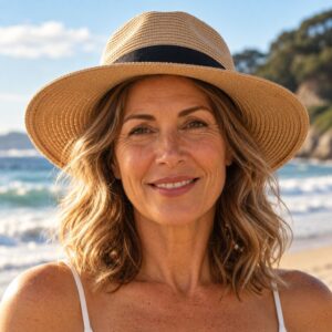 Middle-aged woman with freckles and natural fine lines smiling on a sunny beach, wearing a straw sun hat, with sun-kissed skin and ocean waves in the background.