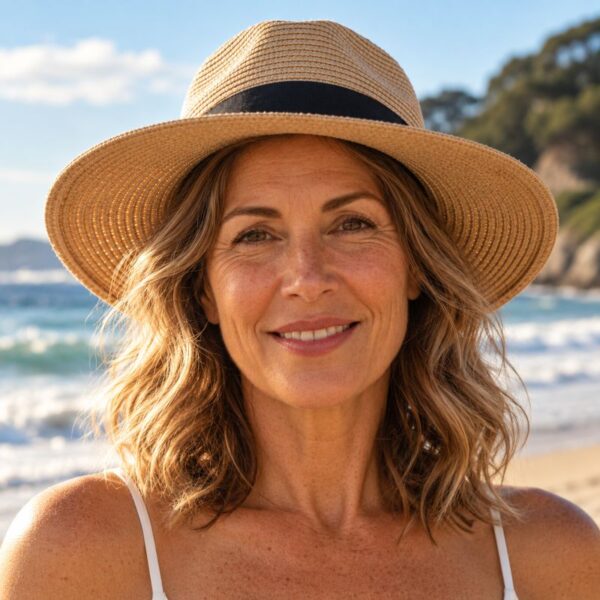 Middle-aged woman with freckles and natural fine lines smiling on a sunny beach, wearing a straw sun hat, with sun-kissed skin and ocean waves in the background.