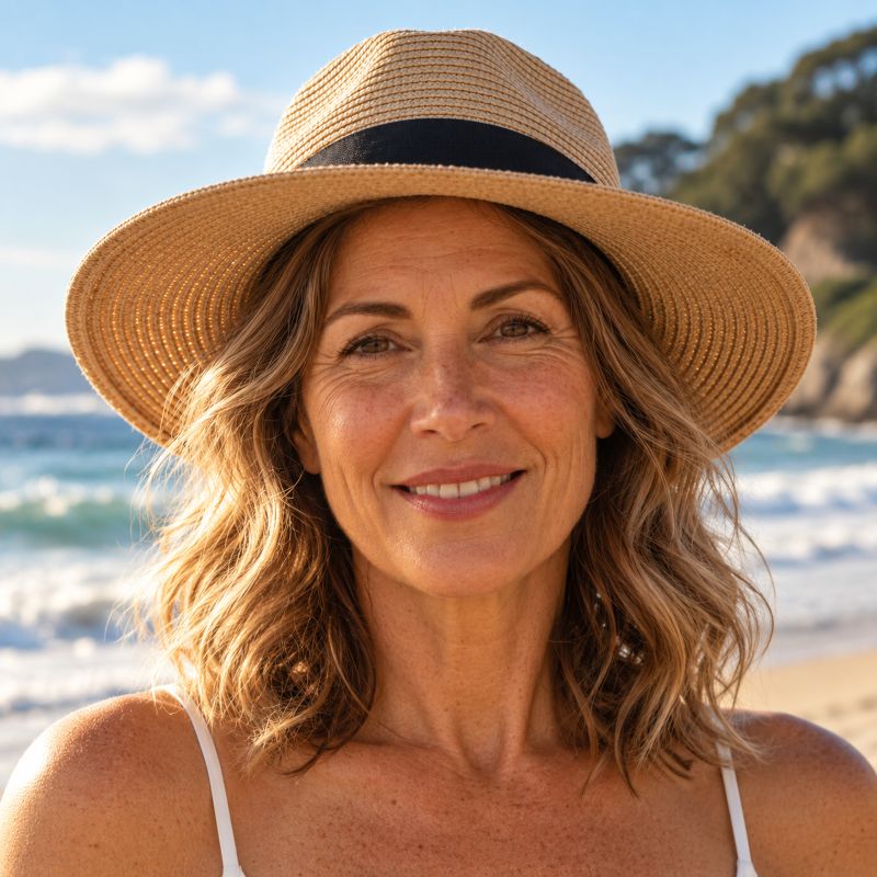 Middle-aged woman with freckles and natural fine lines smiling on a sunny beach, wearing a straw sun hat, with sun-kissed skin and ocean waves in the background.