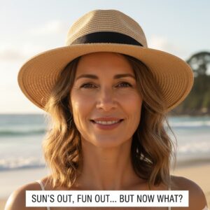 Smiling woman in her 40s wearing a sun hat on a New Zealand beach, representing post-summer skin recovery and hydration by Scenturie Natural Skincare.