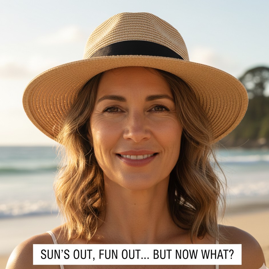 Smiling woman in her 40s wearing a sun hat on a New Zealand beach, representing post-summer skin recovery and hydration by Scenturie Natural Skincare.