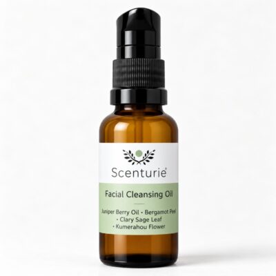 Scenturie natural facial cleansing oil mini 30mL in an amber glass bottle with black dispensing pump.