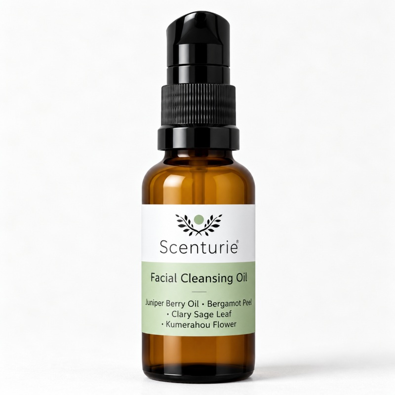 Scenturie natural facial cleansing oil mini 30mL in an amber glass bottle with black dispensing pump.