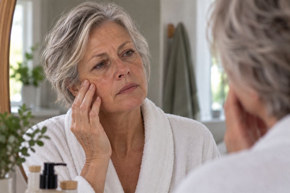 Mature woman looking in mirror at her ageing skin