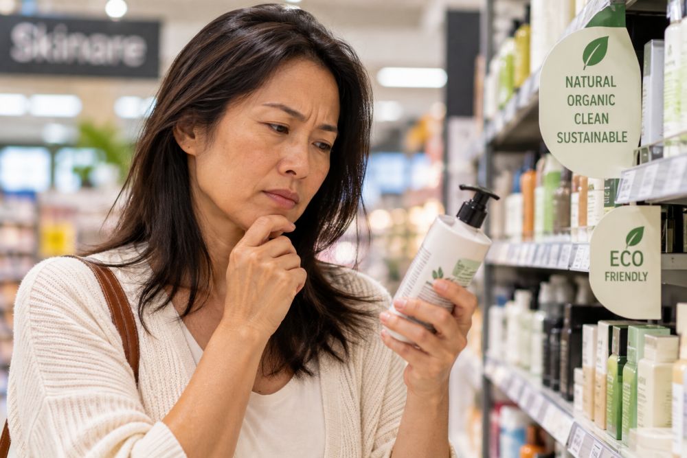 Woman checking the ingredient list on a skincare bottle to spot greenwashing.