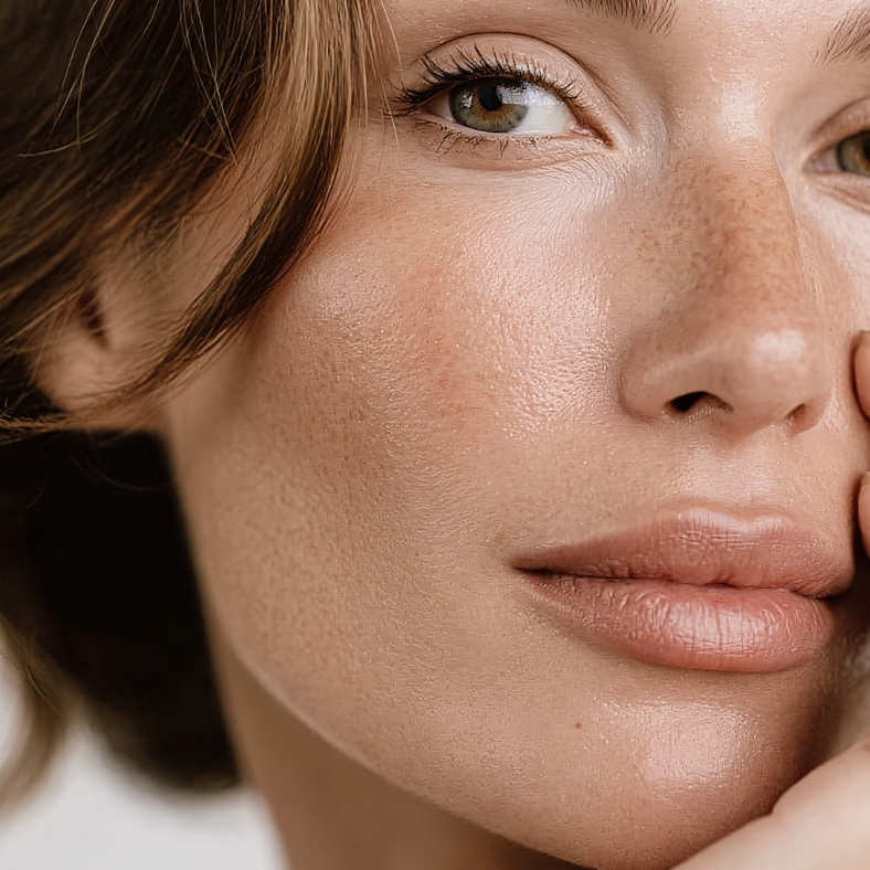 A model with radiant, healthy, glowing skin, demonstrating the results of Scenturie's 3-step holiday glow guide.