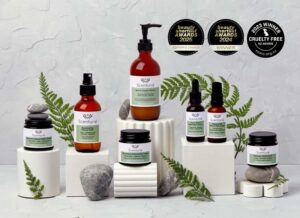 Scenturie natural skincare range displayed with 2025 Beauty Shortlist Awards winner logos and winner Cruelty-free NZ logo