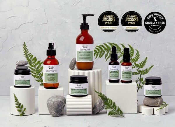 Scenturie natural skincare range displayed with 2025 Beauty Shortlist Awards winner logos and winner Cruelty-free NZ logo