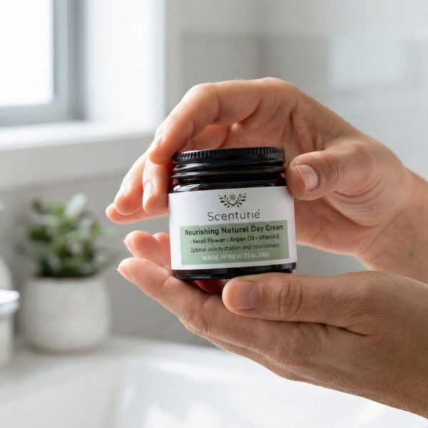Hands holding a jar of Scenturie nourishing natural day cream in a bright bathroom setting, demonstrating a daily healthy skin ritual.