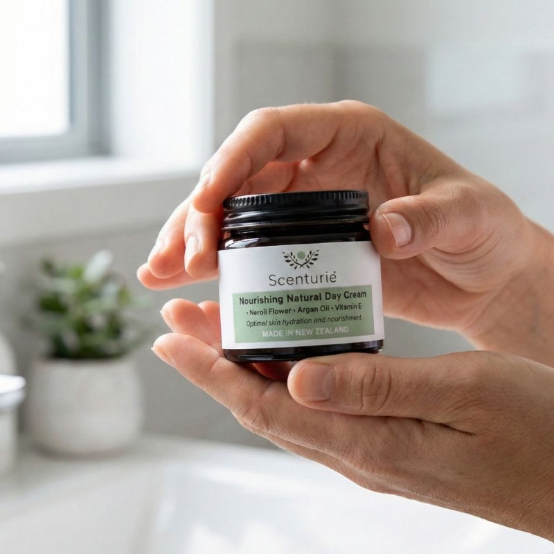 Hands holding a jar of Scenturie nourishing natural day cream in a bright bathroom setting, demonstrating a daily healthy skin ritual.
