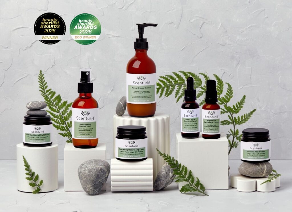 Scenturie Women’s natural skincare collection featuring 7 category winners from the 2026 International Beauty Shortlist Awards, including the Bakuchiol Serum, Nourishing Natural Day Cream, Ultra-Rich Night Cream, Rejuvenating Natural Hand Cream in amber glass packaging.
