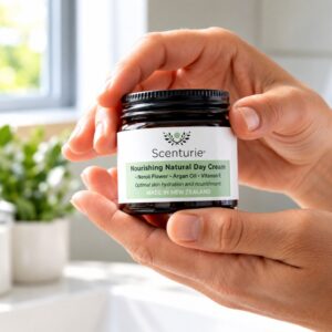 Hands holding a jar of Scenturie's multi-award-winning Nourishing Natural Day Cream voted best moisturiser for 4 consecutive years at the international Beauty Shortlist awards.