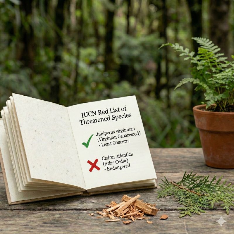 An open vintage-style book titled "IUCN Red List of Threatened Species" resting on a rustic wooden table in a lush New Zealand forest. The left page shows a green checkmark next to "Juniperus virginiana (Virginian Cedarwood) - Least Concern," and a red cross next to "Cedrus atlantica (Atlas Cedar) - Endangered". A sprig of green cedar and small wood chips are scattered on the table beside the book, with a small fern in a terracotta pot in the background
