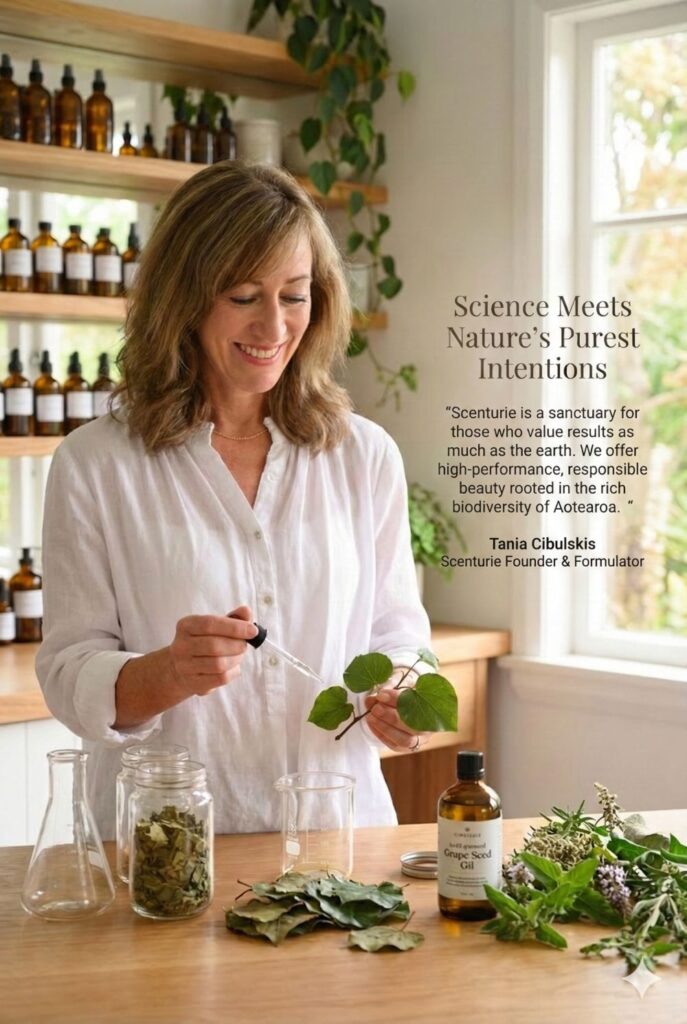 Tania Cibulskis, Scenturie founder and health science expert, formulating natural skincare with botanical ingredients like Kawakawa and Grape Seed Oil in an Auckland studio.
