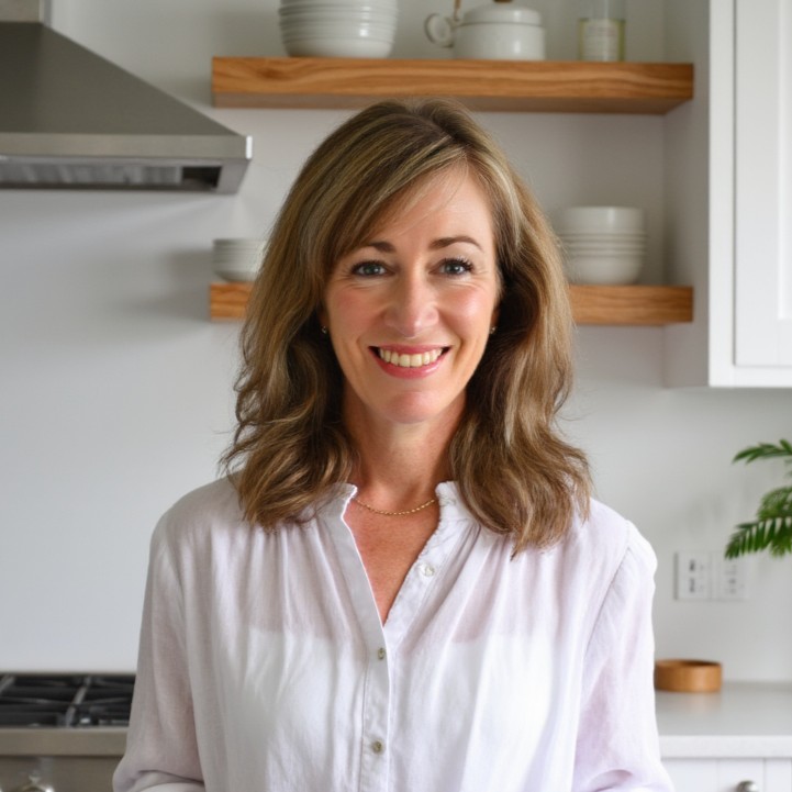 A warm portrait of Scenturie founder Tania Cibulskis smiling in her kitchen, reflecting the personal start of her journey into formulating natural skincare.