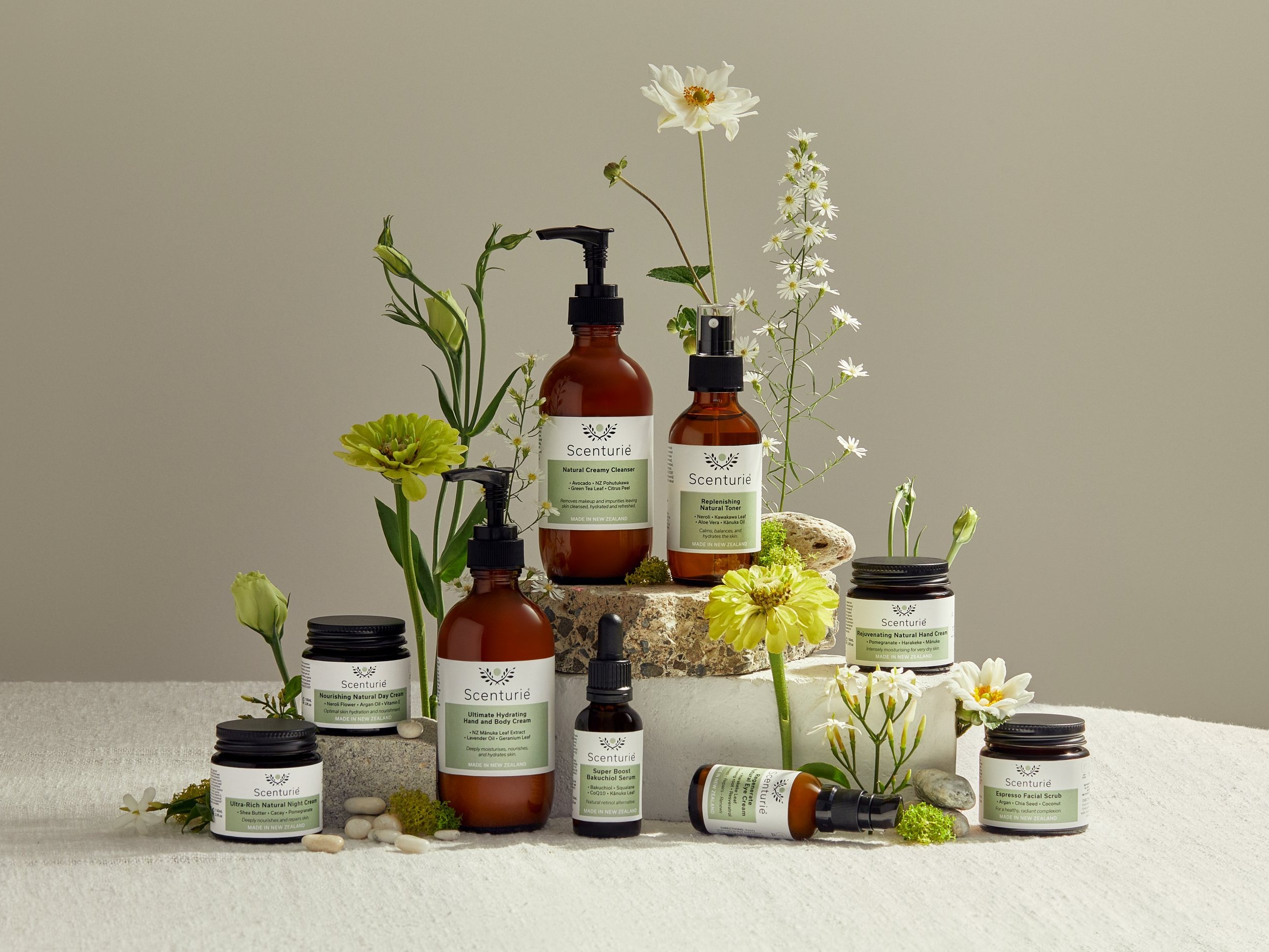 Scenturie high-performance natural skincare in sustainable amber glass packaging. Made in New Zealand
