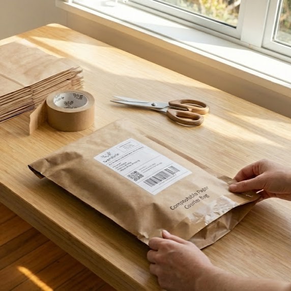 sustainable packaging in paper compostable bags by Scenturie Natural Skincare