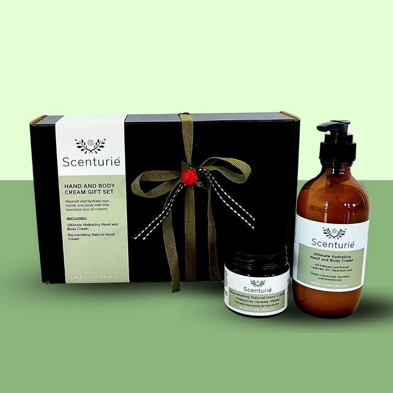 A luxurious Scenturie gift set featuring nourishing natural hand and body creams in sustainable amber glass jars. Expertly formulated with high-performance botanical ingredients by health professional Tania Cibulskis in Auckland, New Zealand.