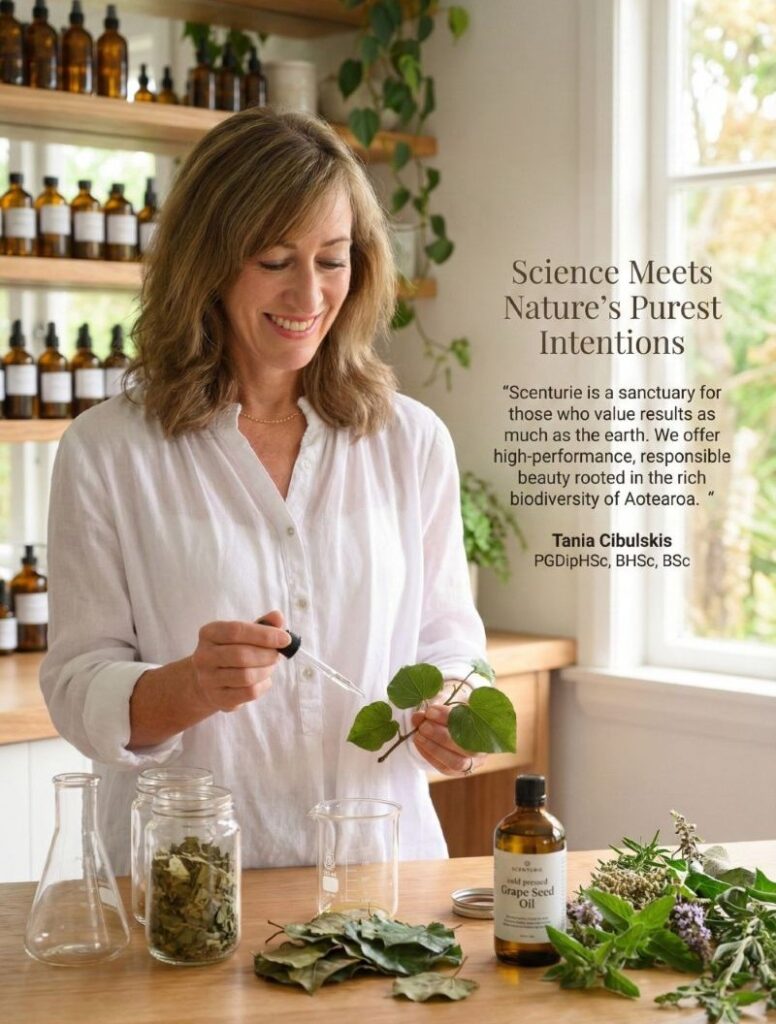 Tania Cibulskis, Scenturie founder and health science expert, formulating natural skincare with botanical ingredients like Kawakawa and Grape Seed Oil in an Auckland studio.