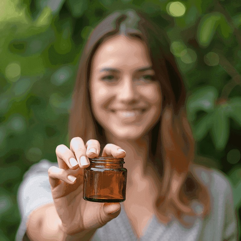 A woman holding a Scenturie amber glass skincare jar, showcasing the circular Scenturie Loop recycling and refill program for natural skincare in New Zealand.