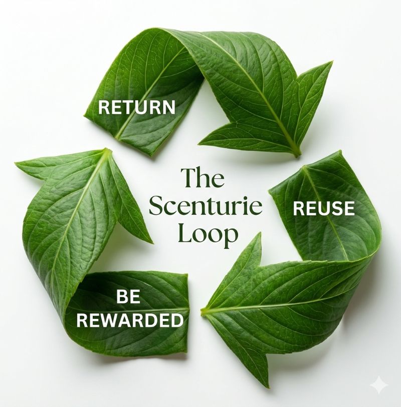 An infographic of a circular green leaf cycle representing the Scenturie Loop: Return, Reuse, and Be Rewarded. Highlighting Scenturie's commitment to zero-waste skincare and infinitely recyclable glass in New Zealand.