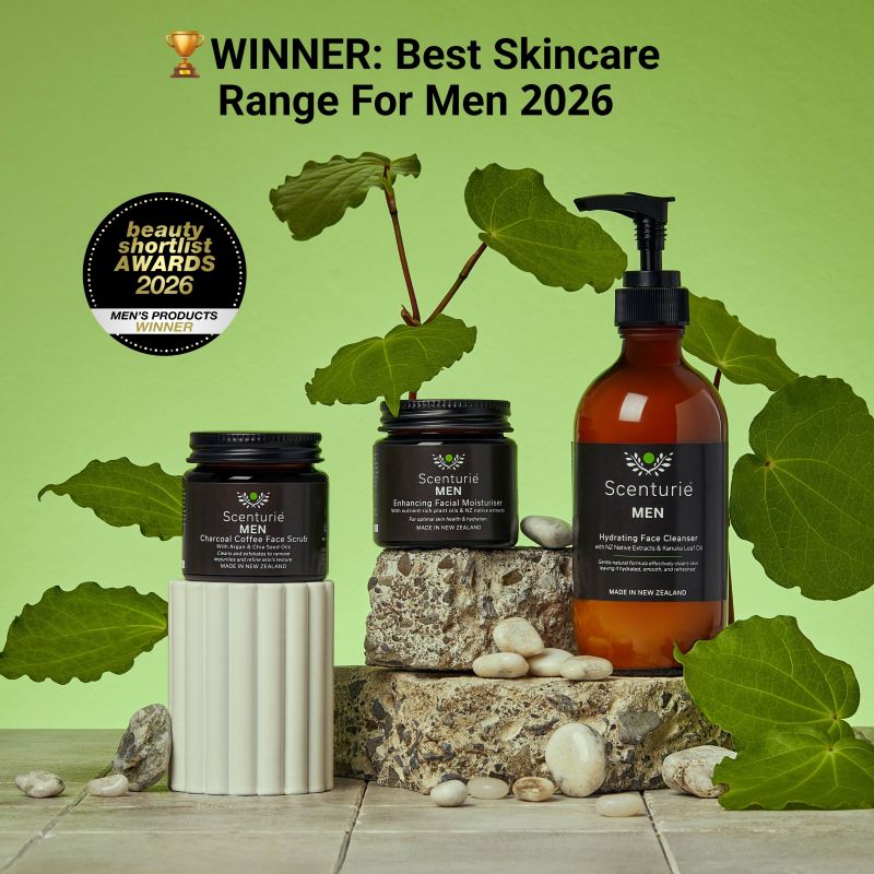 Scenturie MEN award-winning skincare range in sustainable amber glass. Features the 2026 International Beauty Shortlist Gold Winner logo for Best Skincare Range for Men and Men's Product of the Year.