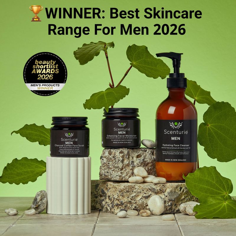 Scenturie award-winning natural men's skincare range, winner of Best Skincare Range for Men 2026 at the International Beauty Shortlist Awards. Featuring sustainable amber glass bottles and NZ native botanicals