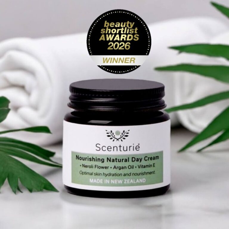 Scenturie Nourishing Natural Day Cream, a New Zealand-made moisturiser with Neroli and Argan Oil, displayed with a black and gold Beauty Shortlist Award Winner Logo for Best Daily Moisturiser 2026.