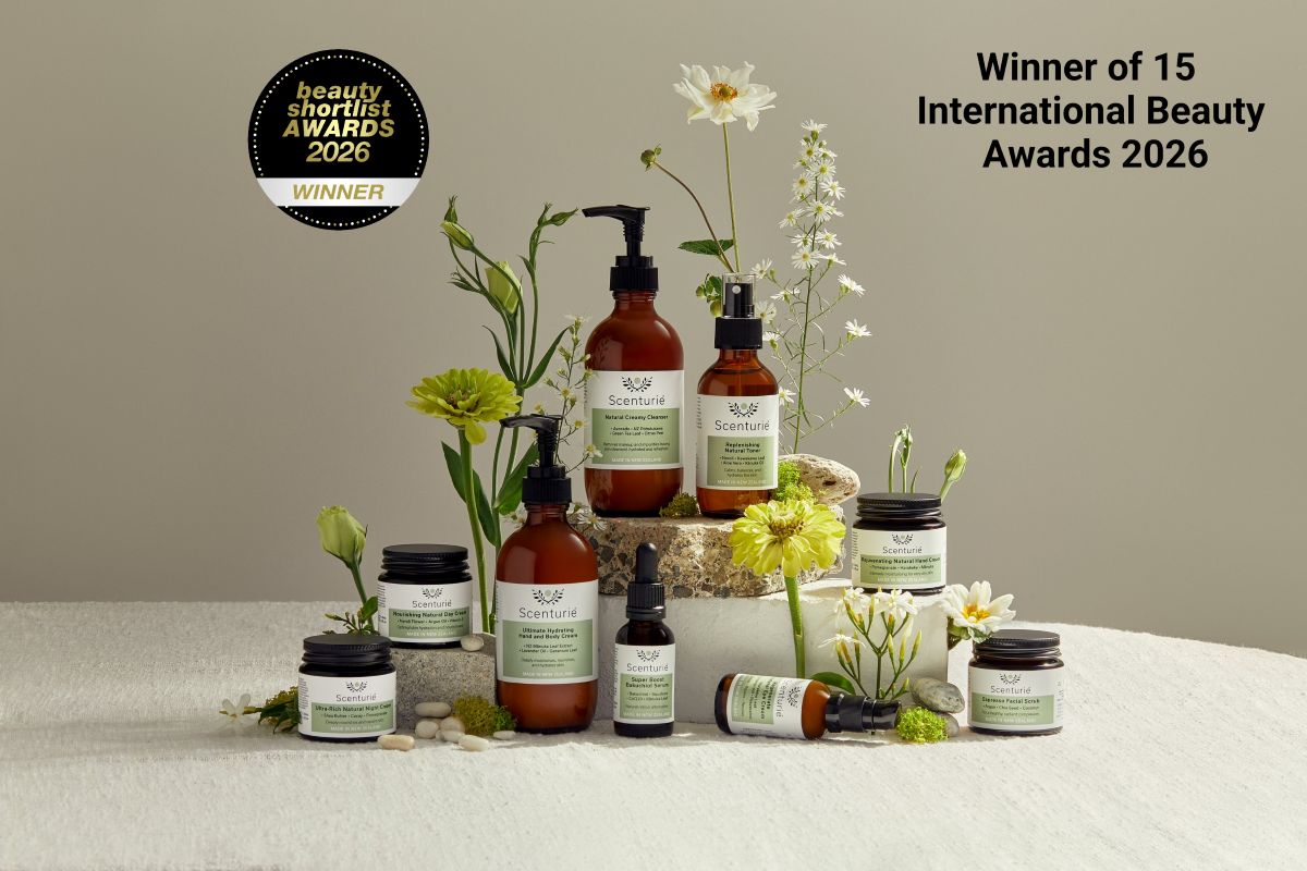 Scenturie women's natural skincare range featuring 9 award-winning products from the 2026 International Beauty Shortlist Awards, including Bakuchiol Serum, Nourishing Natural Day Cream, Rejuvenating Natural Hand Cream, and Ultra-Rich Night Cream in sustainable amber glass.