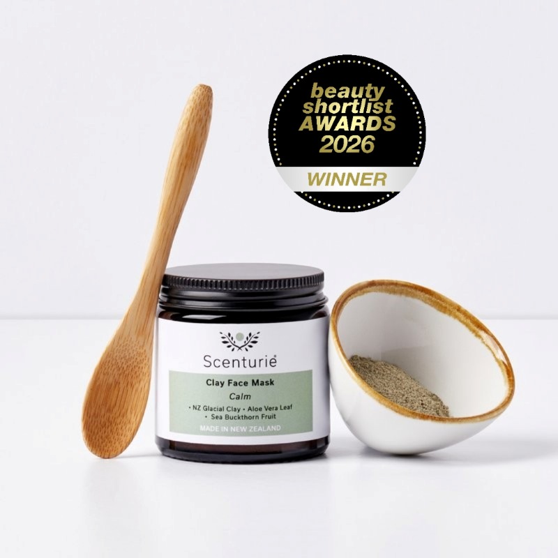 Scenturie Calm Clay Face Mask, winner of Best for Combination skin and Acne-Prone Skin 2026 at the International Beauty Shortlist Awards. A natural NZ native botanical detox in a sustainable amber glass jar.
