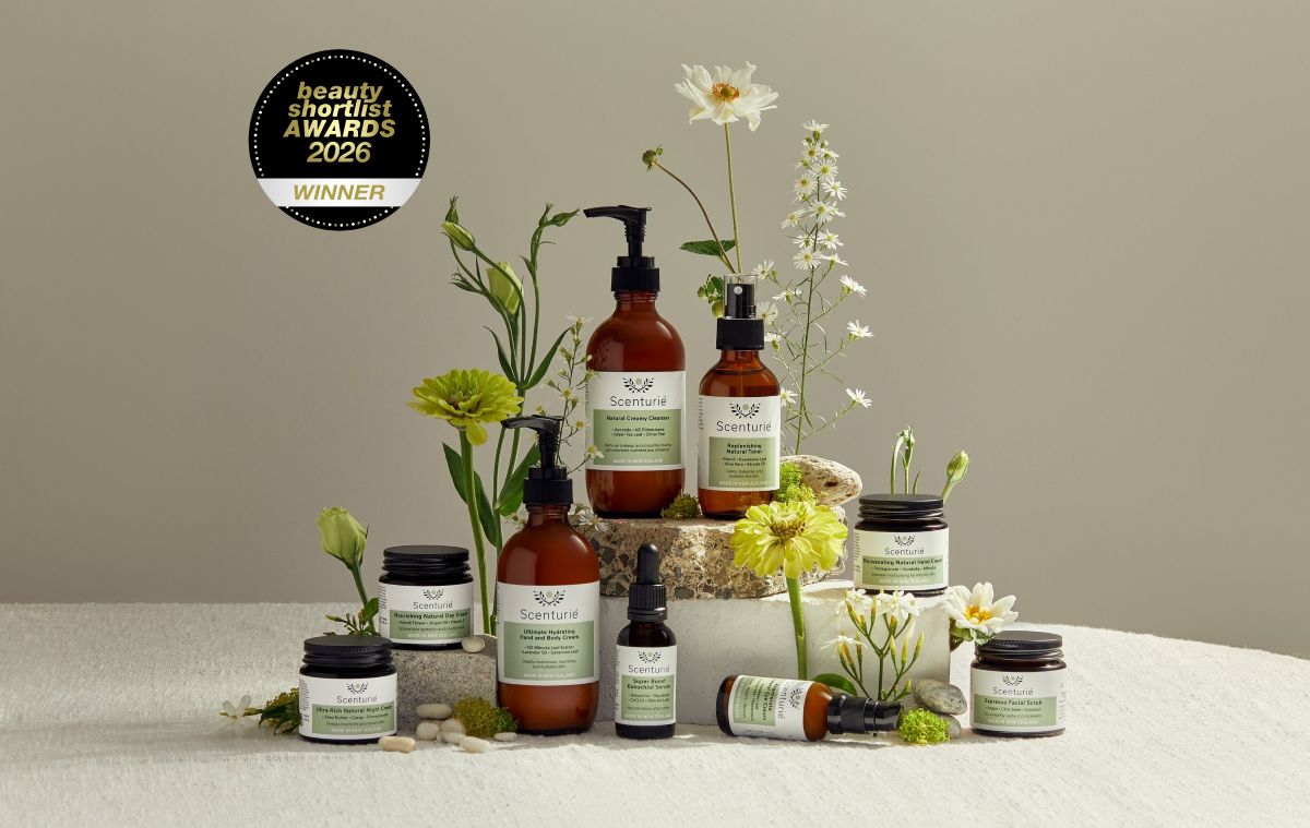 A premium selection of Scenturie natural botanical skincare products displayed with the official 2026 Winner award logo on a minimalist background.