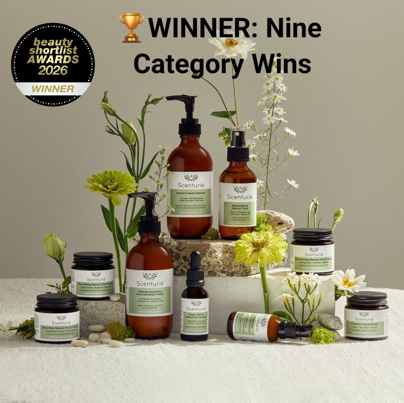 Scenturie Women’s natural skincare collection featuring 9 category winners from the 2026 International Beauty Shortlist Awards, including the Bakuchiol Serum, Nourishing Natural Day Cream, Facial Cleansing Oil, Ultra-Rich Night Cream, Rejuvenating Natural Hand Cream in amber glass packaging.