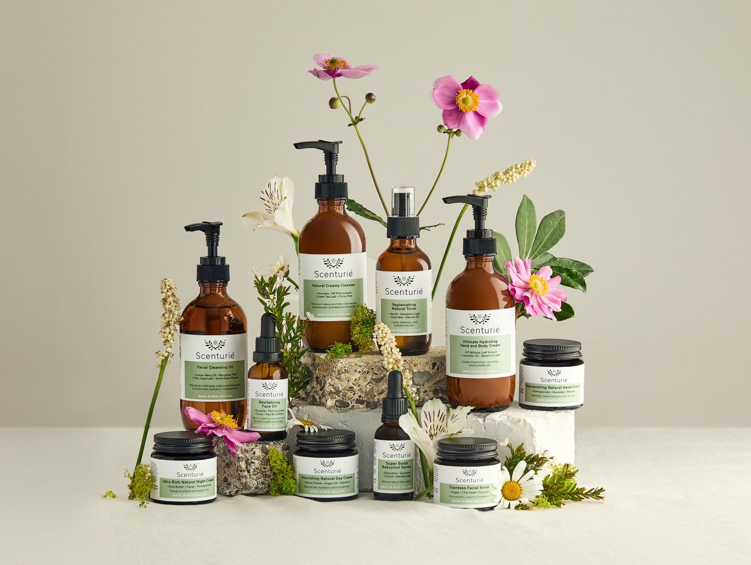 Award-winning botanical skincare by Scenturie: 100% plastic-free women's moisturisers and oils styled with fresh NZ native greenery & flowers.