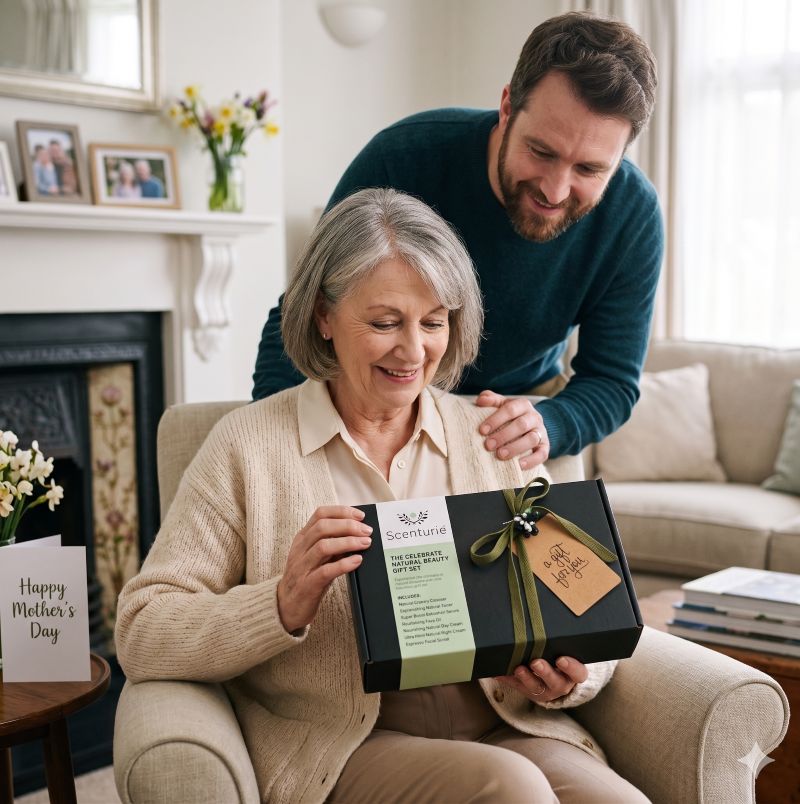 A heartwarming photograph of a mother receiving the award-winning Scenturie 'Celebrate Natural Beauty' skincare gift set. Her son stands smiling beside her as she holds the luxury black gift box with an olive green ribbon, which contains high-performance, botanical NZ skincare. A "Happy Mother's Day" card is visible on a side table.