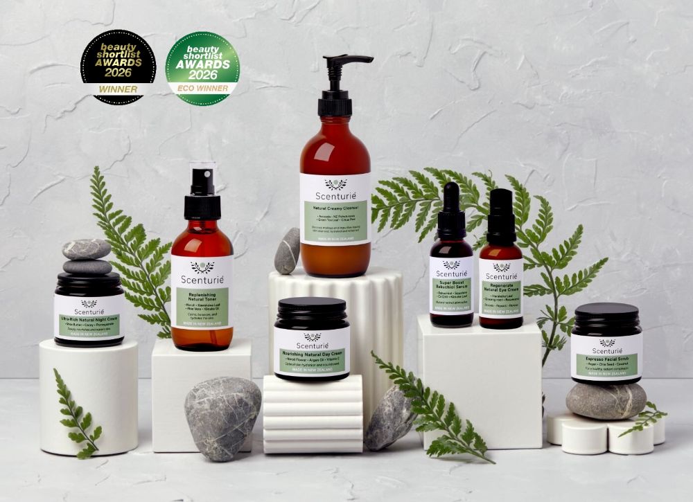 Scenturie Women’s natural skincare collection featuring 7 category winners from the 2026 International Beauty Shortlist Awards, including the Bakuchiol Serum, Nourishing Natural Day Cream, Ultra-Rich Night Cream, Rejuvenating Natural Hand Cream in amber glass packaging.