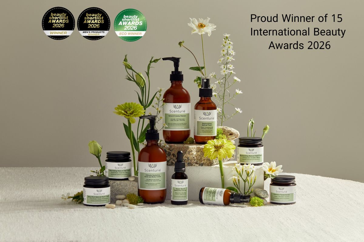 Scenturie Women’s natural skincare collection featuring 7 category winners from the 2026 International Beauty Shortlist Awards, including the Bakuchiol Serum, Nourishing Natural Day Cream, Ultra-Rich Night Cream, Rejuvenating Natural Hand Cream in amber glass packaging with beauty shortlist award logos, and eco-winner award logo for best plastic free products 2026