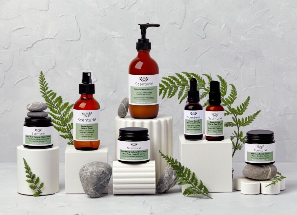 Scenturie Women’s natural skincare collection featuring 7 category winners from the 2026 International Beauty Shortlist Awards, including the Bakuchiol Serum, Nourishing Natural Day Cream, Ultra-Rich Night Cream, Rejuvenating Natural Hand Cream in amber glass packaging.
