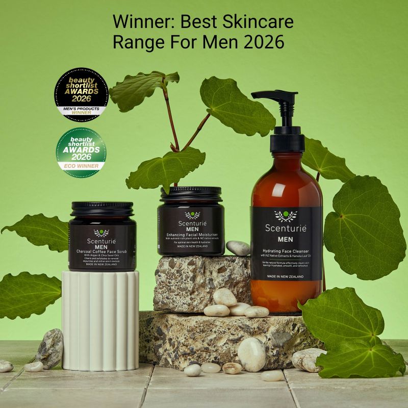 Scenturie MEN award-winning skincare range in sustainable amber glass. Features the 2026 International Beauty Shortlist Gold Winner logo for Best Skincare Range for Men and Men's Product of the Year, as well as the eco-winner logo for best plastic-free product 2026
