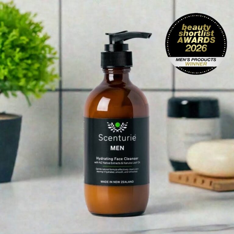 Scenturie MEN award-winning skincare range in sustainable amber glass. Features the 2026 International Beauty Shortlist Gold Winner logo for Best Skincare Range for Men and Men's Product of the Year, as well as the eco-winner logo for best plastic-free product 2026