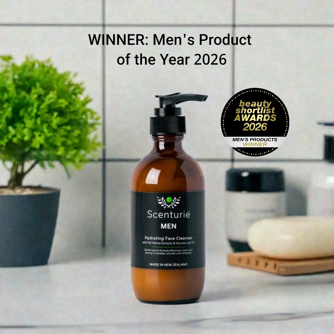 Scenturie MEN award-winning skincare range in sustainable amber glass. Features the 2026 International Beauty Shortlist Gold Winner logo for Best Skincare Range for Men and Men's Product of the Year, as well as the eco-winner logo for best plastic-free product 2026