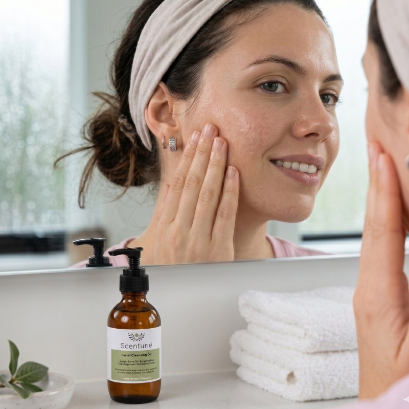 A woman applying natural skincare product in a bathroom mirror with a bottle of Scenturie Facial Cleansing Oil on the counter, targeting combination and oily skin types.