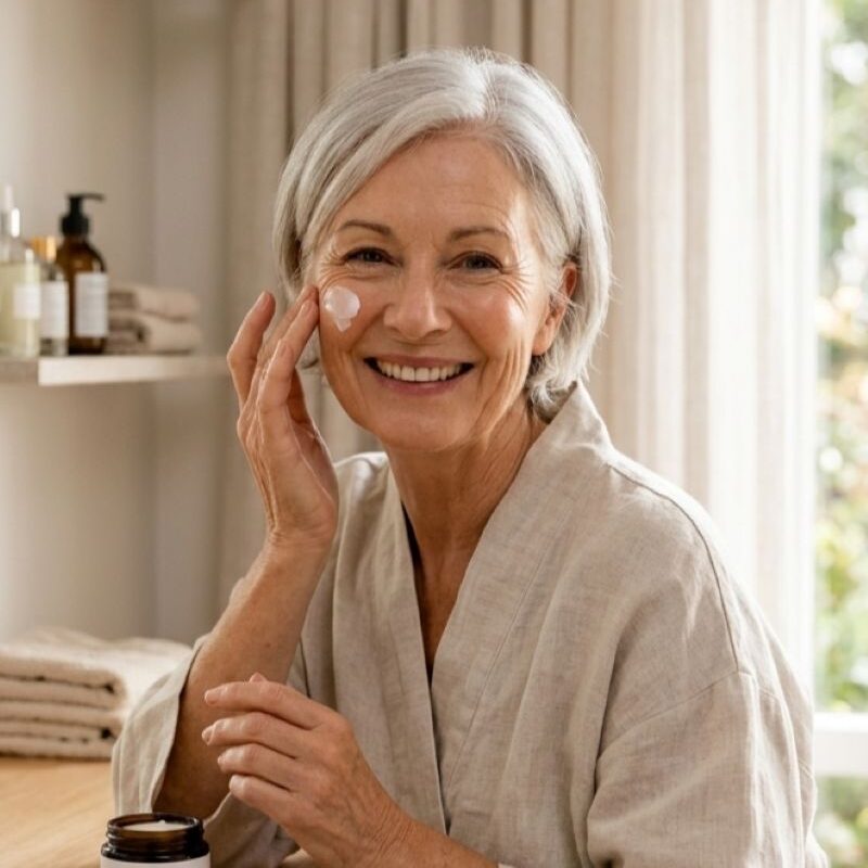Woman in her 60's smiling and applying Scenturie night cream to her face