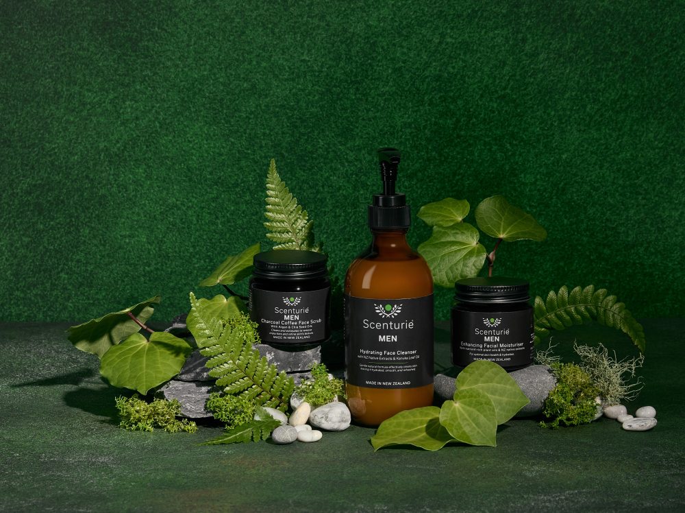 Scenturie Men's Skincare Range surrounded by New Zealand Native Botanical Ingredients