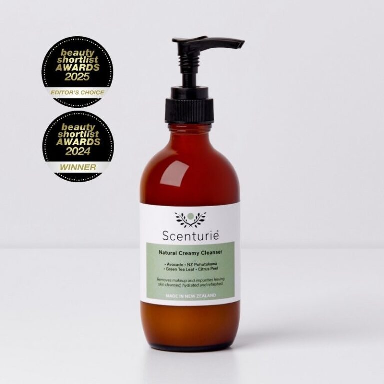 'Best Cream Cleanser 2024' and 'Editor's Choice' award logos for Scenturie's Natural Creamy Cleanser.