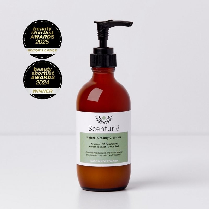 'Best Cream Cleanser 2024' and 'Editor's Choice' award logos for Scenturie's Natural Creamy Cleanser.