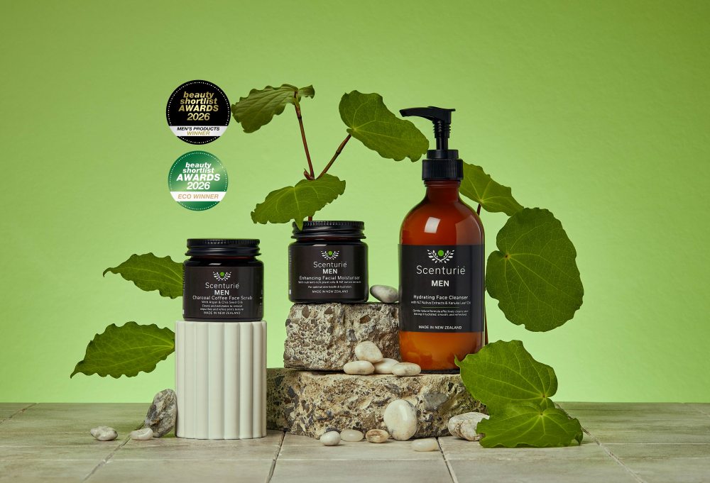 Scenturie MEN award-winning skincare range in sustainable amber glass. Features the 2026 International Beauty Shortlist Gold Winner logo for Best Skincare Range for Men and Men's Product of the Year, as well as the eco-winner logo for best plastic-free product 2026