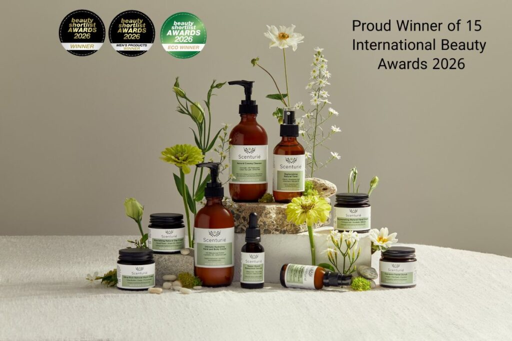 Scenturie Women’s natural skincare collection in premium amber glass packaging, featuring 9 category winners from the 2026 International Beauty Shortlist Awards. Displayed with Beauty Shortlist and Eco-Winner logos highlighting the Super Boost Bakuchiol Serum, Nourishing Natural Day Cream, Ultra-Rich Night Cream, and Rejuvenating Natural Hand Cream for best plastic-free products.