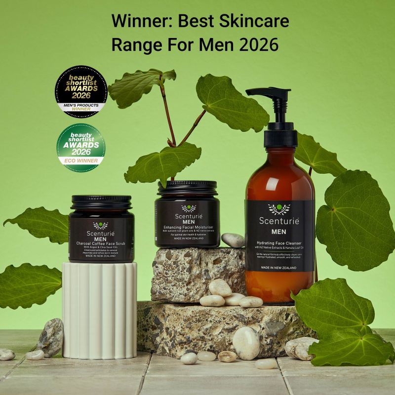 Scenturie MEN award-winning skincare range in sustainable amber glass. Features the 2026 International Beauty Shortlist Gold Winner logo for Best Skincare Range for Men and Men's Product of the Year, as well as the eco-winner logo for best plastic-free product 2026