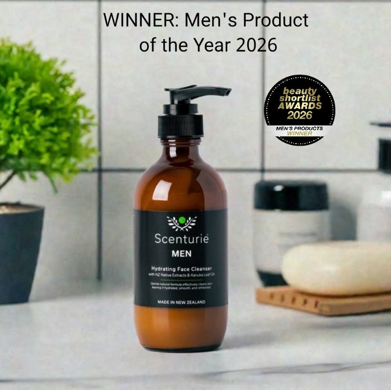 Scenturie MEN award-winning skincare range in sustainable amber glass. Features the 2026 International Beauty Shortlist Gold Winner logo for Best Skincare Range for Men and Men's Product of the Year, as well as the eco-winner logo for best plastic-free product 2026