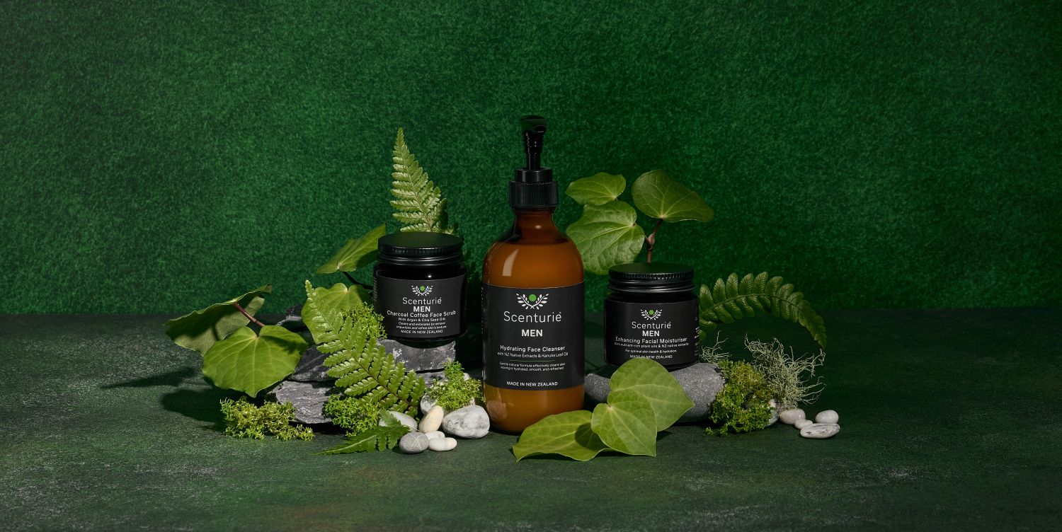 Scenturie's award-winning Men's Natural Skincare Range surrounded by New Zealand Native Botanical Ingredients